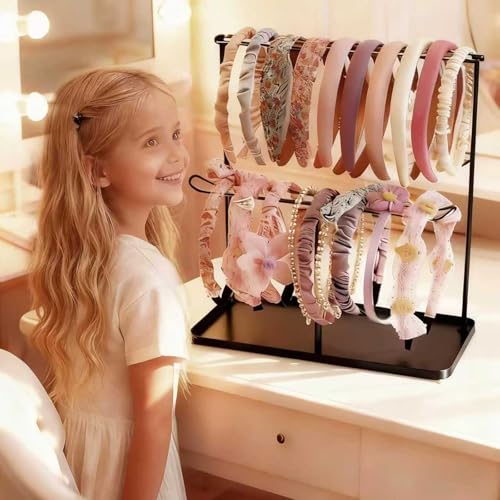 Image of Headband Holder Organizer Metal 2-Tier with Tray, Necklace Storage Hairband Rack Hair Accessories Display Stand Stand Home Bedroom College Dorm Decor for Girls Women (Black)