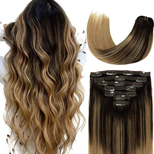Loxxy Balayage Clip in Hair Extensions B#2/12 Darkest Brown to Light Golden Brown Color Remy Human Hair Extensions Clip in Real Natural Hair Extensions Straight Thick 120g 16 Inch