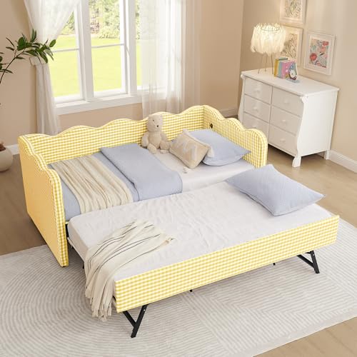 Image of KEIKI Twin Size Upholstery Gingham Daybed with Trundle and USB, Yellow