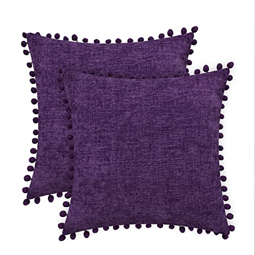 CaliTime Throw Pillow Covers Decorative 16 X 16 Inches Pack of 2 Cozy Solid Dyed Soft Chenille Cushion Cases with Pom Poms for Couch Sofa Bed Living Room Home Gold
