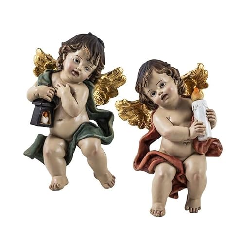 Set De 2 Angelitos Para Colgar Con Velas De Resina Pintados A Mano 6x6x17 Cm