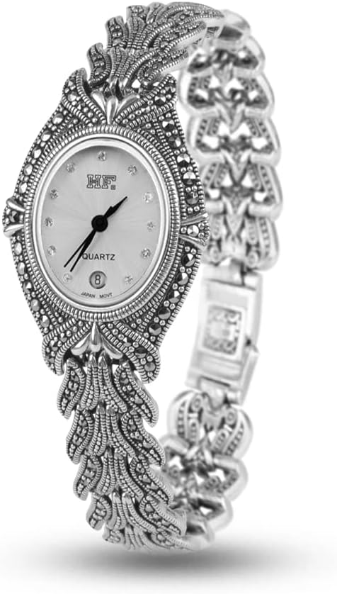 Women Vintage Pave Marcasite Thai 925 Silver Wrist Watches (White)