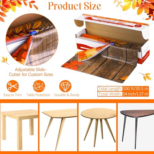 Image of Kochorie 100 Ft x 54 Inch Fall Plastic Tablecloth Roll with Slide Cutter Thanksgiving Pumpkin Maple Leaves Table Cloth Autumn Harvest Party Table Cover Roll for Autumn Events Family Banquet Parties