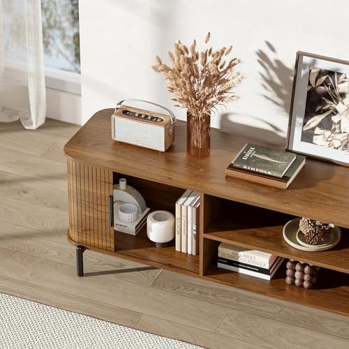 Image of SUNCOZE 70 inch Mid-Century Fluted TV Stand with Storage up to 80 Inch, Walnut