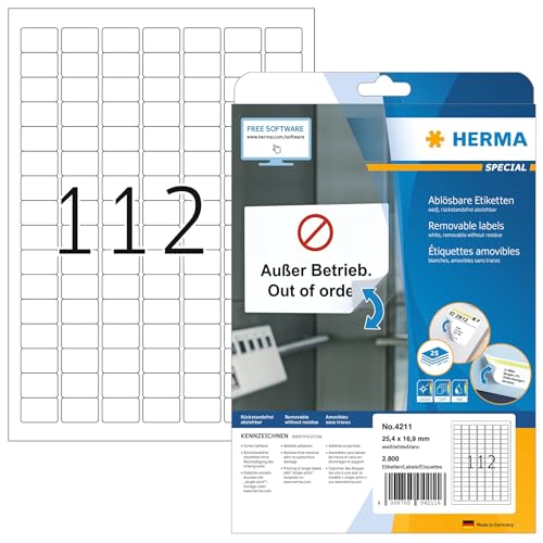 HERMA Etichette Staccabili, 25,4 x 16,9 mm, Etichette Adesive A4 per Stampante, 112 Etichette per Foglio, Bianco