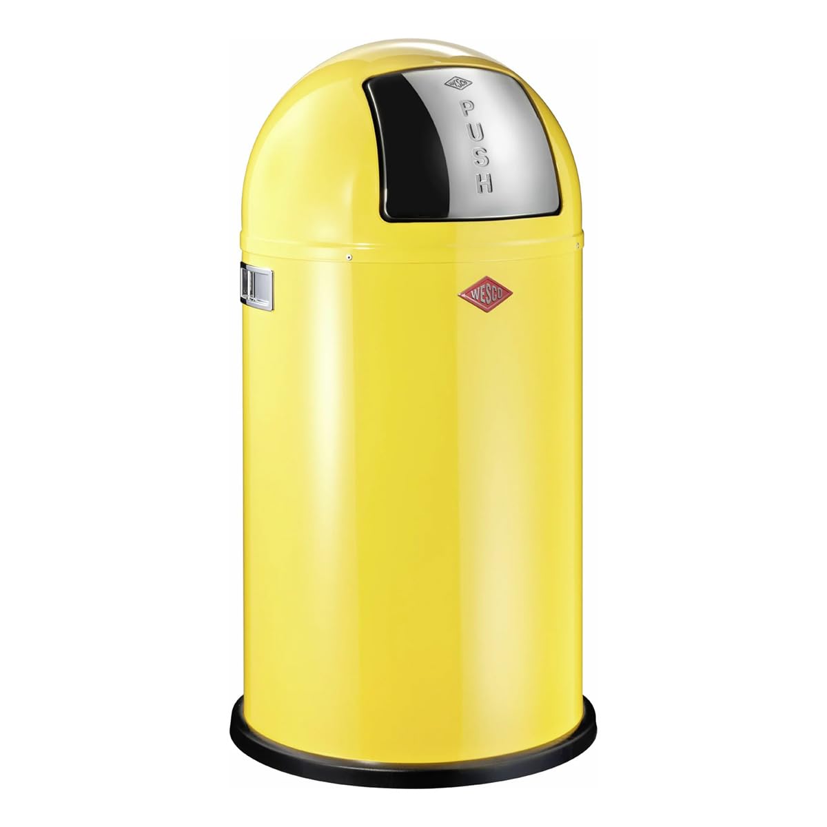 Wesco Pushboy Mülleimer in der Farbe lemon gelb, pulverbeschichtetes Stahlblech, 50 Liter Volumen, große Edelstahlklappe, herausnehmbarer Innenbehälter