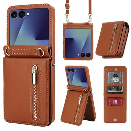 Coque Galaxy Z Flip 7 marron en cuir chic avec étui portefeuille