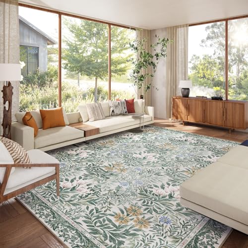 Image of Botanical Floral Area Rug 9x12 Light Green Cream Vintage Garden Design, Perfect for Living Room, Bedroom, Kids Room, Nursery - Stain & Water Resistant Non-Slip, Pet & Child Friendly Area Rugs