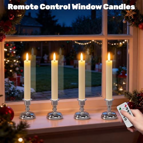 Image of Wondise Flameless Window Candles with Remote Timer, 7 inch Battery Operated 3D Wick Real Wax LED Flickering Taper Candles for Christmas Decoration, Removable Silver Holder and Suction Cups Included 4Pack