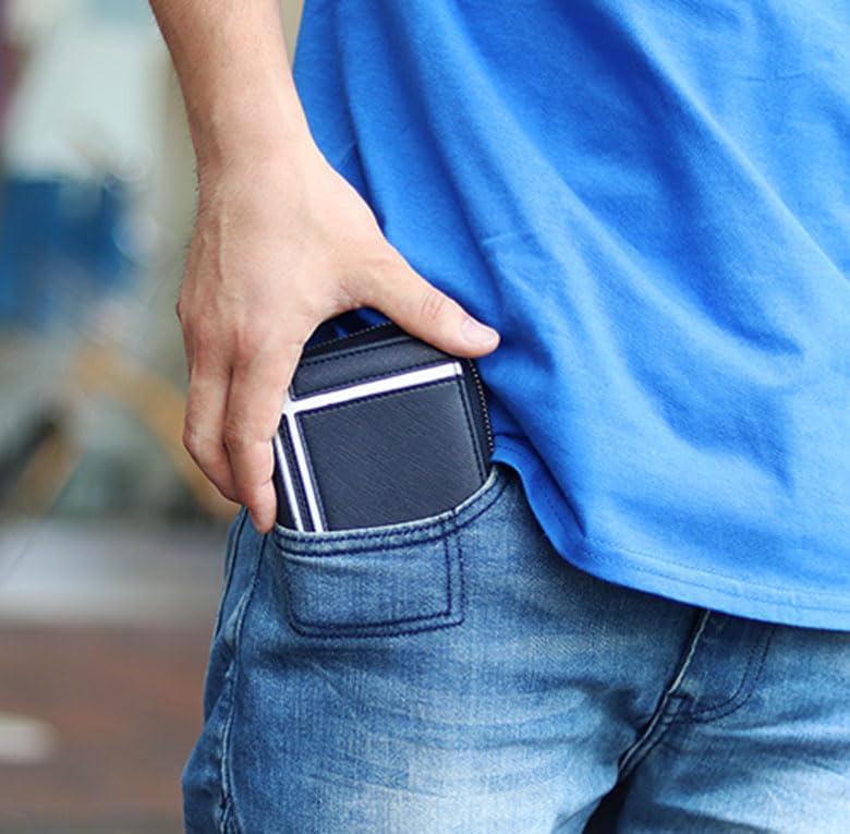 Daylight DL-1042 Bi-fold Wallet for Kids, Junior High & High School Students, PU Leather, Compact Round Zipper, W-Line Design, Durable & Lightweight Men's Wallet (Navy/White)4