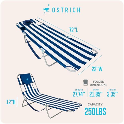 Image of Ostrich Beach Lounge Chair, Folding & Reclining Outdoor Chaise Lounger, Blue /White Striped - Portable Adjustable Recliner Chair for Lawn, Pool, Patio, Garden, and Yard