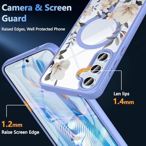 Image of VONZEE Compatible with Samsung Galaxy A35 5G Case Luxury Retro Flowers Floral Clear for Magnetic Wireless Charging Case Shockproof PC+TPU Cute Glossy Shiny Cover for Girls Women, Official Blue