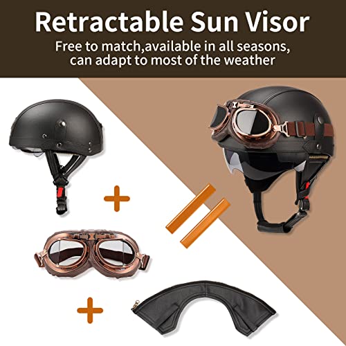 German Style Leather Motorcycle Half Helmet For Adults Men Women, Dot Approved Vintage Cap Half Face Shell Motorcycle Helmets For Cruiser Chopper+Goggles(Black,Small) #TOP3