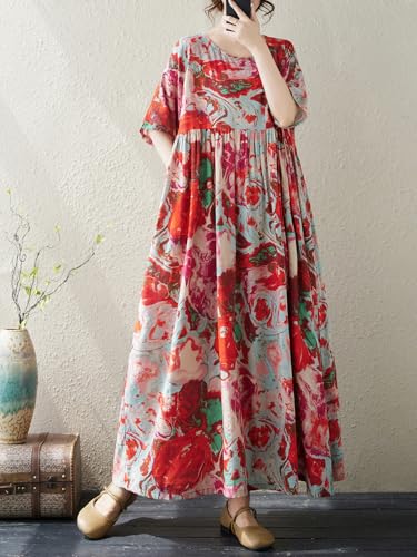 Oversized Dress for Women Summer Vacation Flowy Floral Print Round Neck Short Sleeve Plus Size Boho Dress with Side Pockets4