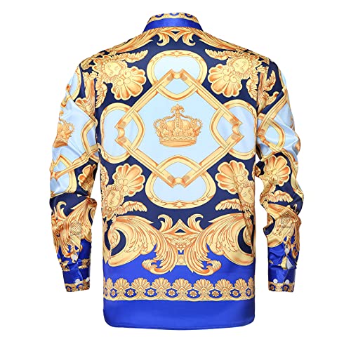 Men Gold Fashion Luxury Printed Satin Long Sleeve Button-Down Shirts Flashy Retro Gorgeous Design Party Gift Shirt2