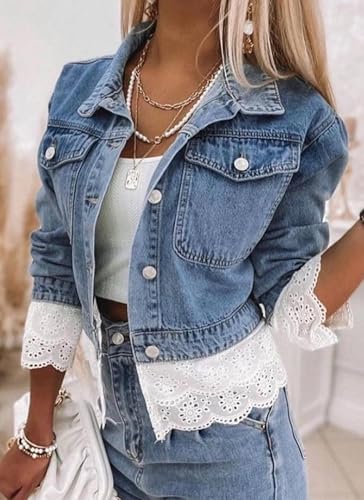 Women's Denim Jacket Side Pockets Long Sleeve Button Lace Patchwork Jean Coat3