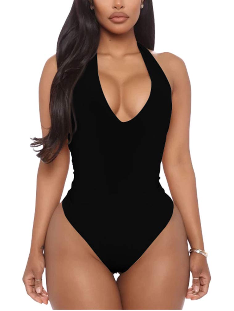 Women's Sexy Sleeveless Halter V Neck Backless Leotard Bodysuit Tops