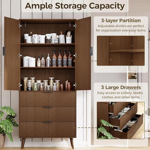 Image of Fluted Tall Cabinet, Kitchen Pantry Cabinet with Adjustable Shelves, Wood Cupboard with 3 Drawers 2 Doors, Mid Century Modern Cabinet for Living Room Dining Room Entryway Office, Walnut