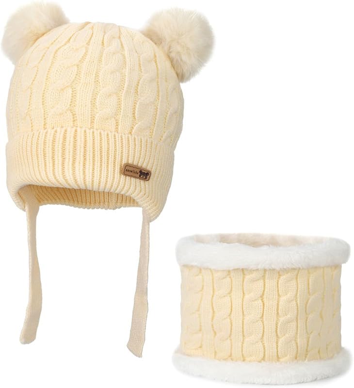 MIKONIKO Kids Winter Hat Scarf Set for Girls & Boys | Toddler Knit Beanie Cap & Neck Warmer | Warm Fleece Lined | Soft & Comfortable | 2–6 Years White, 1 Count 1