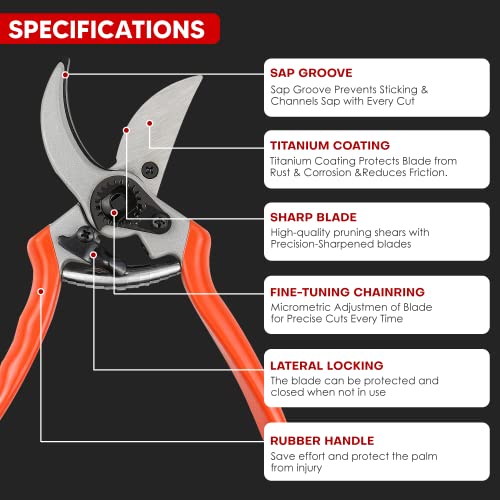 Image of YIYITOOLS Pruning Shears, One-Hand Garden Shears, Gardening Hand Tools Tree Trimmers with Rubber Handles, Pruning Scissors with Titanium Coated Stainless Steel Blades, Gift For Gardeners