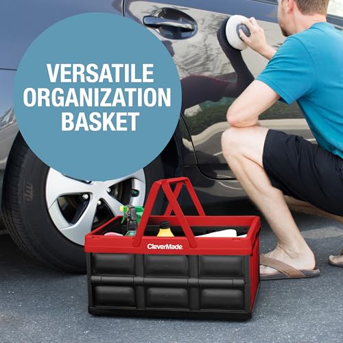 Image of CleverMade Collapsible Shopping Basket 32L - Folding Grocery Basket with Handles, Stackable Reusable Storage Crate with 35 lb Capacity, Recycled Plastic, Car Trunk Organizer - Red