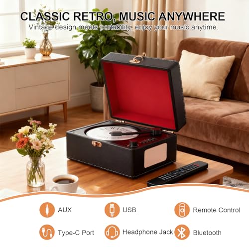 Image of Portable CD Player with Built-in Speaker, Vintage CD Players for Home, Bluetooth CD Music Player with AUX /Headphone Jack, Retro Black Style for Bedroom, Desk, Dorm, Gift for Women and Teens