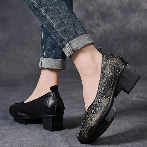 Women's Genuine Leather Printed Chunky Heel Pumps Comfortable Non Slip Slip On Low Block Heel Casual Mam Loafers Vintage Flowers Traveling Walking Work Shoes3