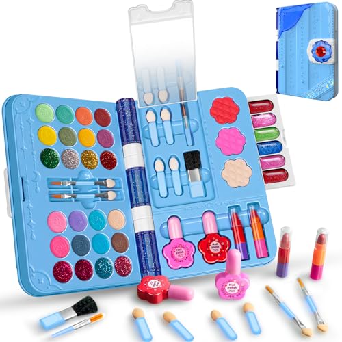 Hollyhi 48Pcs Kids Makeup Kit for Girl, Washable Play Make Up Toys Set with Mirror, Beauty Dress Up Set Toys for Age 3 4 5 6 7 8 9 10 11 12 Year Old Kids Toddlers Girls, Birthday Girl Gifts (Blue)