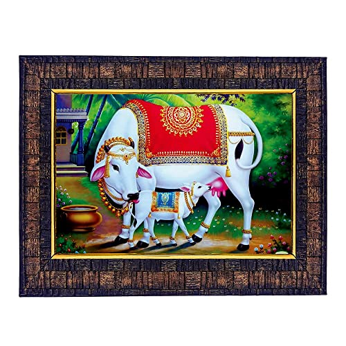 Image of Hawai Holy Kamdhenu Cow with Calf Photo Frame, Size 8.5 x 7 Inch | Engineered Wood Wall Hanging Religious Home Decor | Vastu & Pooja Room Frame for Home Office Shop Temple | SFDI289BLKFRM