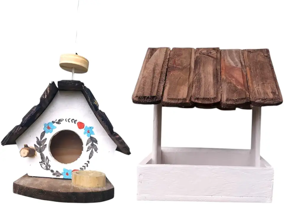 Kit Casinha e Comedouro de Passarinho em Madeira, Decoração para Casa e Jardim (Casinha e Comedouro, 19x16x16 19x18x14)