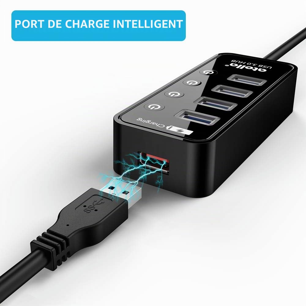 Atolla Hub USB 3.0 4 Ports avec commutateurs Marche/arrêt et Adaptateur d'alimentation