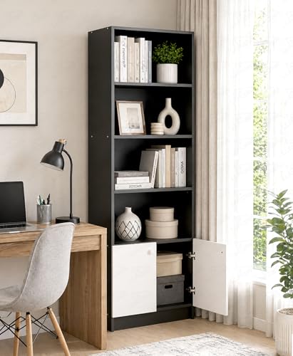 Image of Lukzer 4-Tier Engineered Wood Bookshelf with Cabinet (MR-020-Black) Multipurpose Wooden Book Shelf Showcase | Tall Storage Cabinet Bookcase for Home & Office | Modern Display Shelf (178 x 60 x 30 cm)