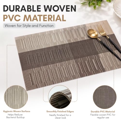 Image of Solitude Set of 6 Dining Table Placemats | Non-Slip PVC Table Mats, Heat Resistant, Washable, Stain-Resistant Surface, (Silver & Grey, 45 x 30 cm)