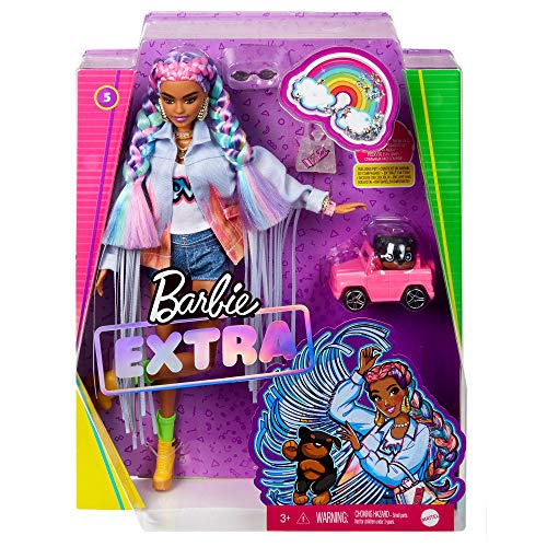 Barbie GRN29 - Extra Puppe mit geflochtenem Regenbogen-Zopf, langer Jeans-Jacke, Hündchen, Regenbogenzöpfen… – Bild 7