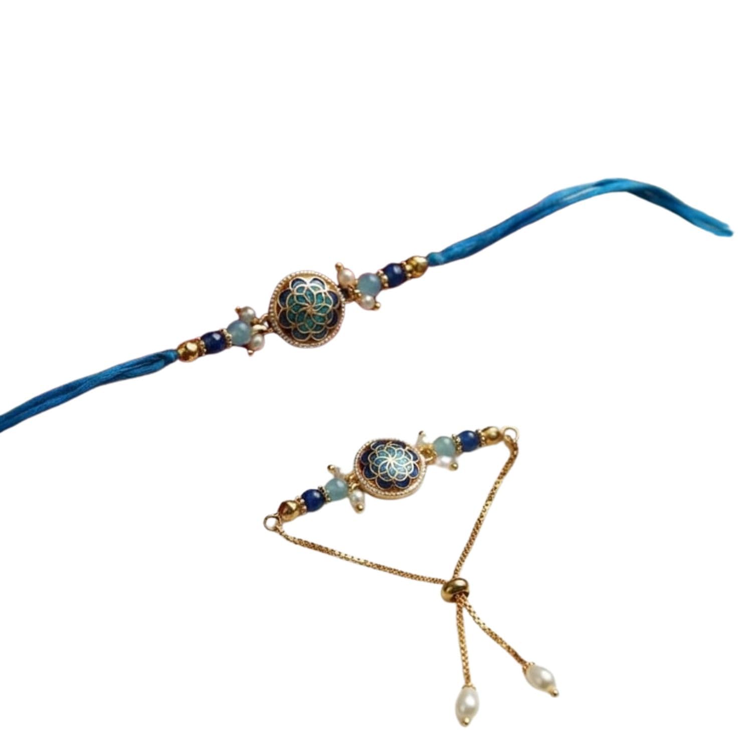 Elegant Blue Rakhi and Bracelet Combo with Artistic Floral Centerpiece-image-30