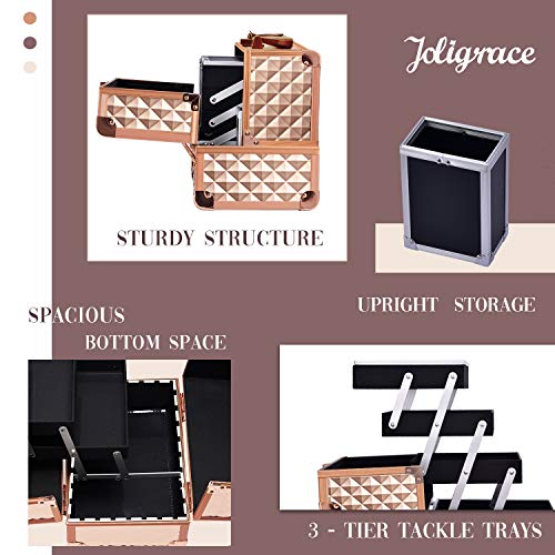 Joligrace Makeup Train Case Cosmetic Box Jewelry Organizer Professional 3 Tiers Trays with Mirror and Brush Holder Lockable Key Portable Travel - Rose Gold