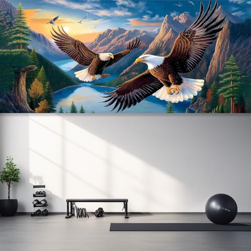 Image of 13x6 ft Soaring Eagles Garage Door Banner- Flying Bald Eagles Mountain Landscape Backdrop, Hanging Garage Decorations - for 4th of July Patriotic Holiday Party Background, Outdoor Wall Sign Decor