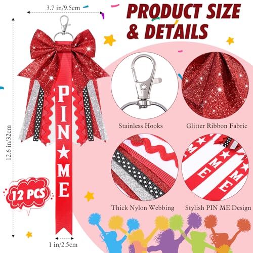 Tondiamo 12 Pcs Cheer Pin Me Ribbon Glitter Cheerleader Bow Keychain Gifts for Backpack Bag Teens Girls Graduation2