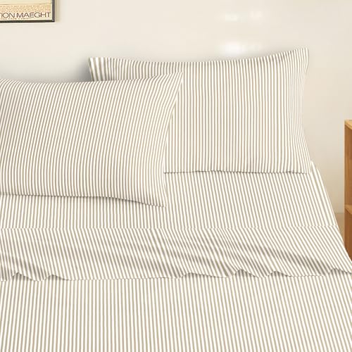 Image of Wake In Cloud - Striped Bed Sheets, 4-Piece Sheet Set, Ticking Vertical Pin Stripe Modern Farmhouse Pattern Printed Bedding, Deep Pocket, Light Brown White, Twin Size