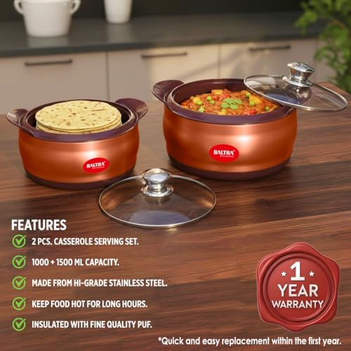 Image of BALTRA Crown Stainless Steel Serving Casserole Set 100% Food Grade with Glass Lid | PUF Insulated Chapati Casserole for Daily Use & Gifting | Hot Box /Roti Box (Crown Set of 2 (1000+1500ml)