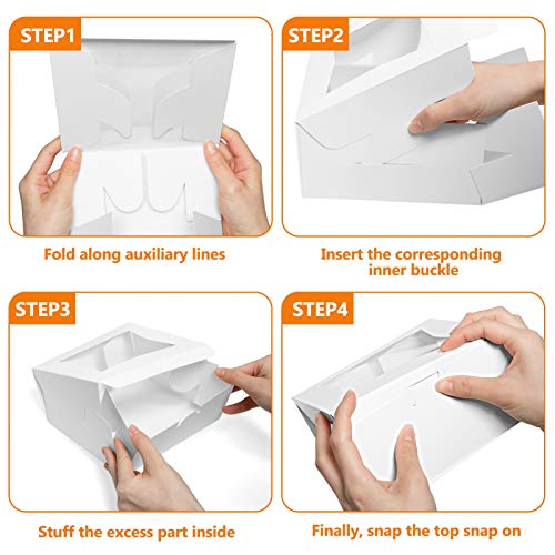 COYMOS Cake Boxes with Window-25 PCS 6x6x3\" White Bakery Boxes Square Cake Box with Transparent Window, Auto-Popup Disposable Cake Paper Box for Cupcake, Cookies, Pie, Donuts and Other Pastries - Thumbnail 6