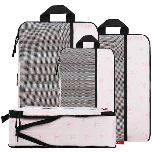 U+U 4 Set Compression Packing Cubes - Ultralight Travel Organizers, Space-Saving Suitcase Organizer, Expandable Packing Cubes for Travel, Business Trip and Family Vacation (Pink Bow)