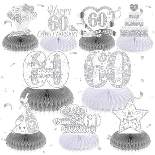 9Pcs 60th Wedding Anniversary Decorations 60th Diamond Wedding Anniversary Honeycomb Centerpiece Diamond Wedding Anniversary Table Toppers Centerpiece Decorations