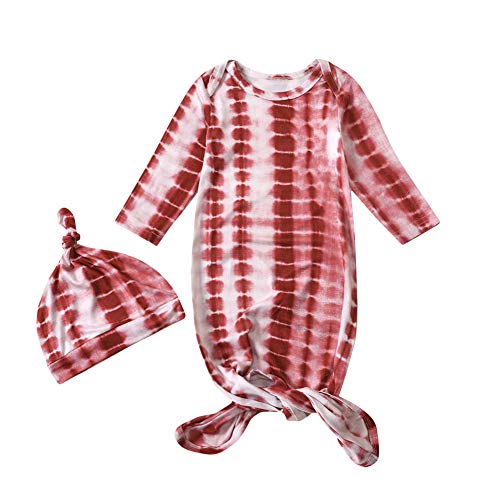 Zoiuytrg Newborn Baby Blanket Sleepers Boy Girl Long Sleeve Tie Dye Wrap Swaddle Knit Sleeping Bag Sack Nightgown Pajama Hat (Dot Red,0-3 Months)