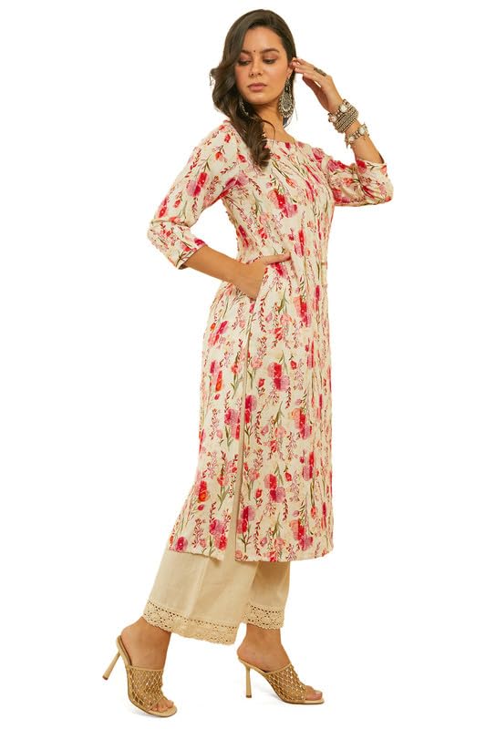 Image of Soch Womens Rayon Straight Fit Floral Print Straight Kurta with Kantha Weave