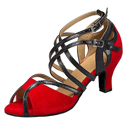 HIPPOSEUS Women's Cross Strap Latin Dance Shoes Ballroom Party Salsa Dancing Shoes Middle heel, Red, US 7