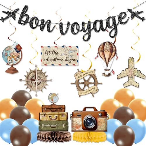 29PCS Bon Voyage Party Decorations - Bon Voyage Banner Hanging Swirls Centerpieces Balloons Travel Themed Party Decorations Let the Adventure Begin Decor
