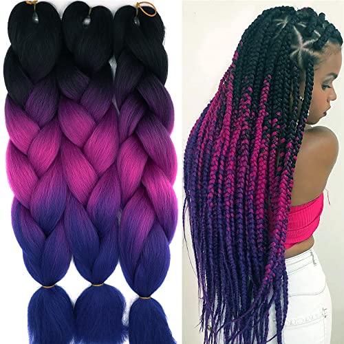 Cybelleza 24inch Braiding Hair Extensions for Braiding Ombre Jumbo Braiding Synthetic Hair 3PCS 300g Crochet Hair Box Braids for Women Braiding Black & Fuchsia & Blue Purple