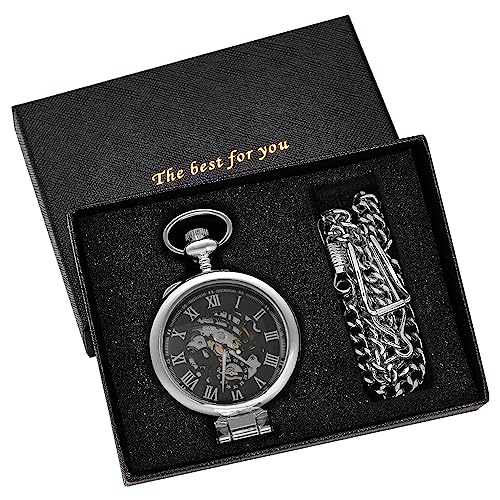 Image of Transparent Cover Mechanical Pocket Watch for Men Vintage Skeleton Dial Clock Hand Wind Male Fob Chain Watches(Silver)