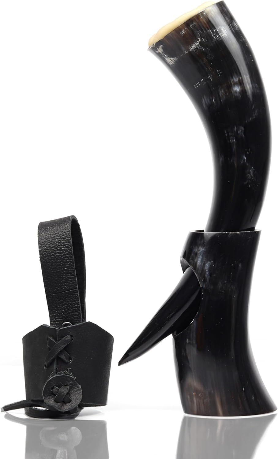 Viking Horn with Stand & Leather Holster, Loud Tumbler for Coffee, Beer, Mead, Whiskey & Ale, Unique Gift for Men, Dad, Brother, Anniversary, Birthday, or Christmas, Nordic Decor (Natural Black)